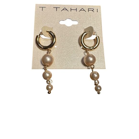 Tahari Elegant Gold and Pearl Drop Earrings - Picture 2 of 4